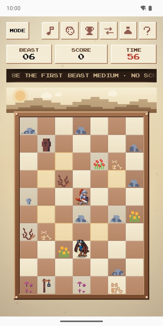 The knight mid-run on a seven by ten board, a beast waiting two squares away and the clock at fifty-six seconds.
