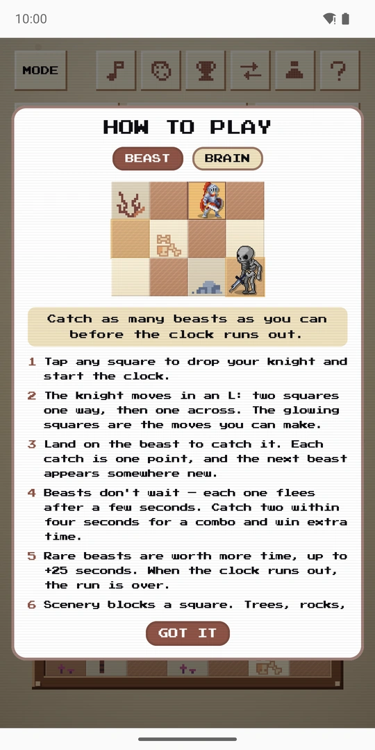 The how-to-play sheet, explaining the knight's move and how beasts are caught.